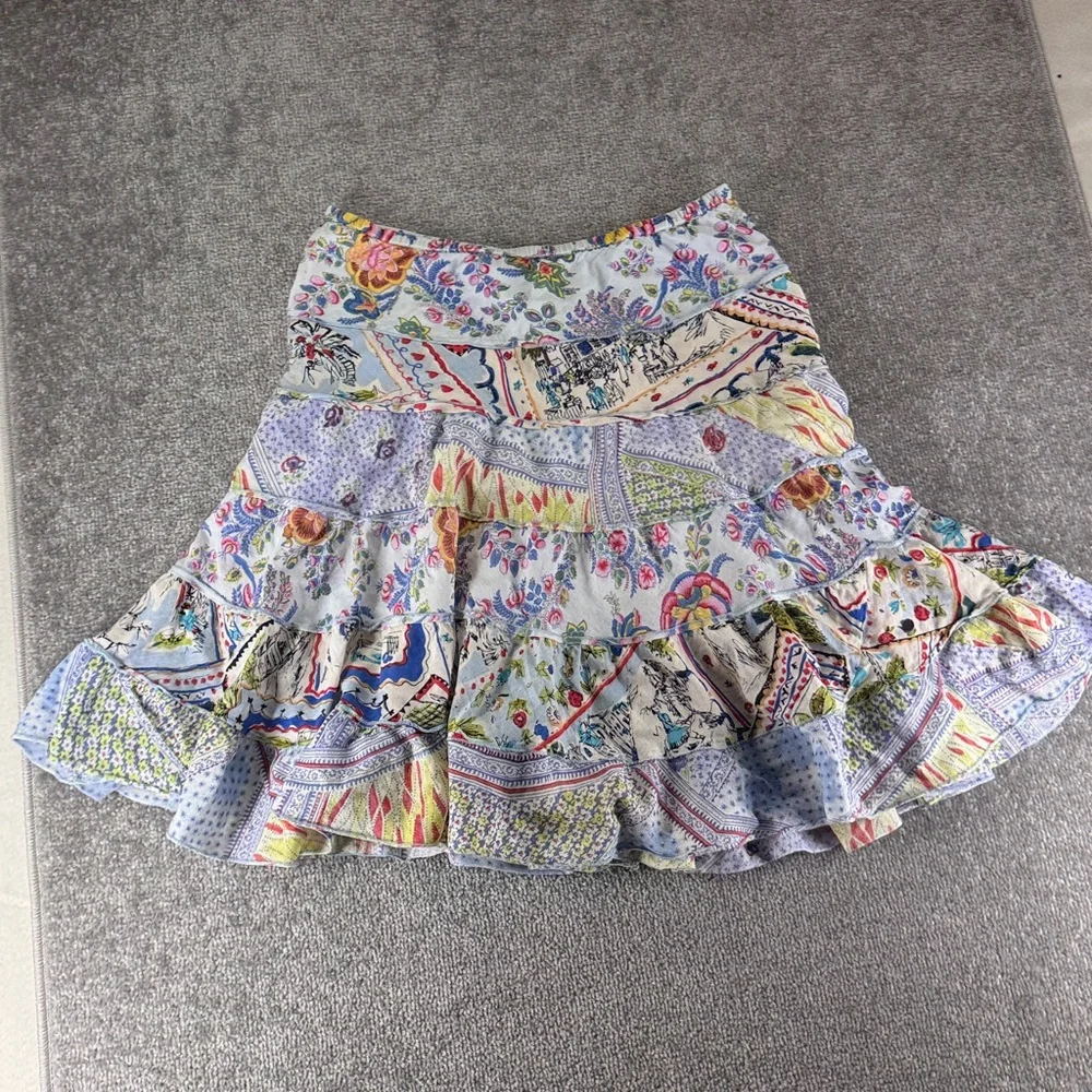 Bila Pull On Mini Skirt Floral White Blue Womens S Ruffles Boho Hippie - Picture 1 of 8